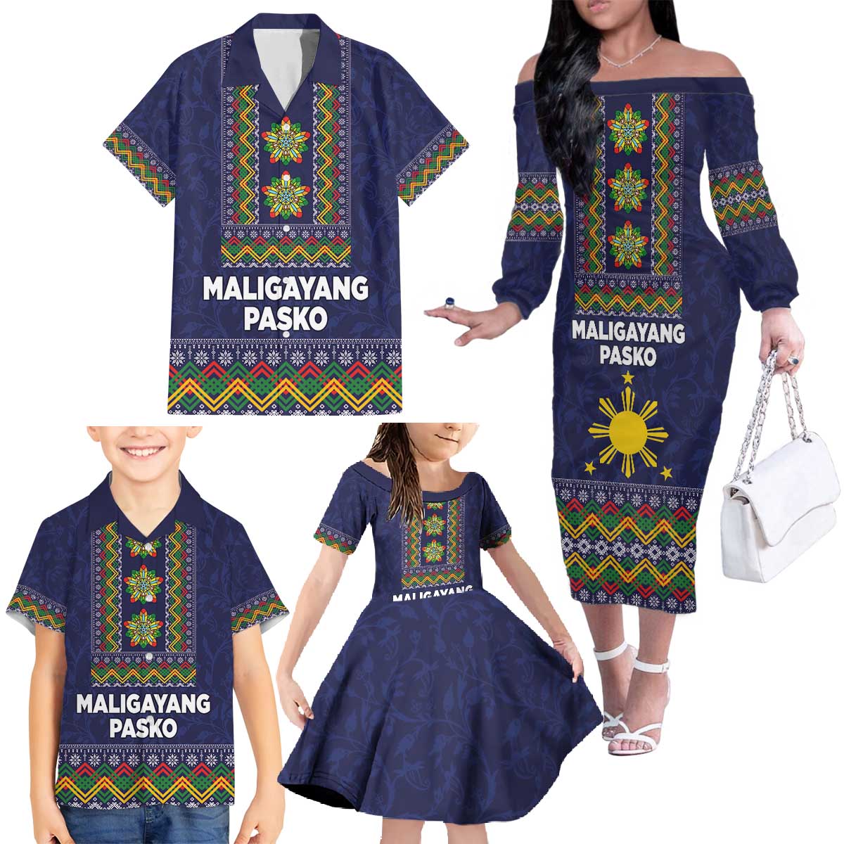 Philippines Merry Christmas Family Matching Off The Shoulder Long Sleeve Dress and Hawaiian Shirt Maligayang Pasko with Parol and Xmas Pattern Barong Style