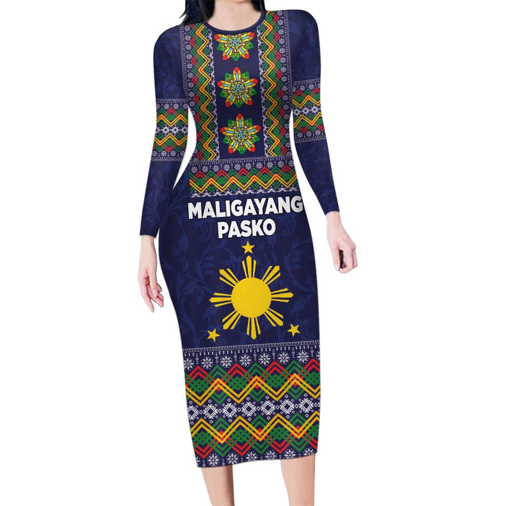 Philippines Merry Christmas Long Sleeve Bodycon Dress Maligayang Pasko with Parol and Xmas Pattern Barong Style