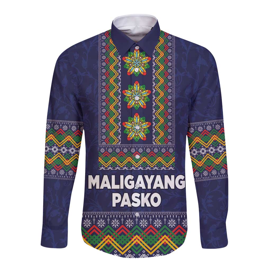 Philippines Merry Christmas Long Sleeve Button Shirt Maligayang Pasko with Parol and Xmas Pattern Barong Style