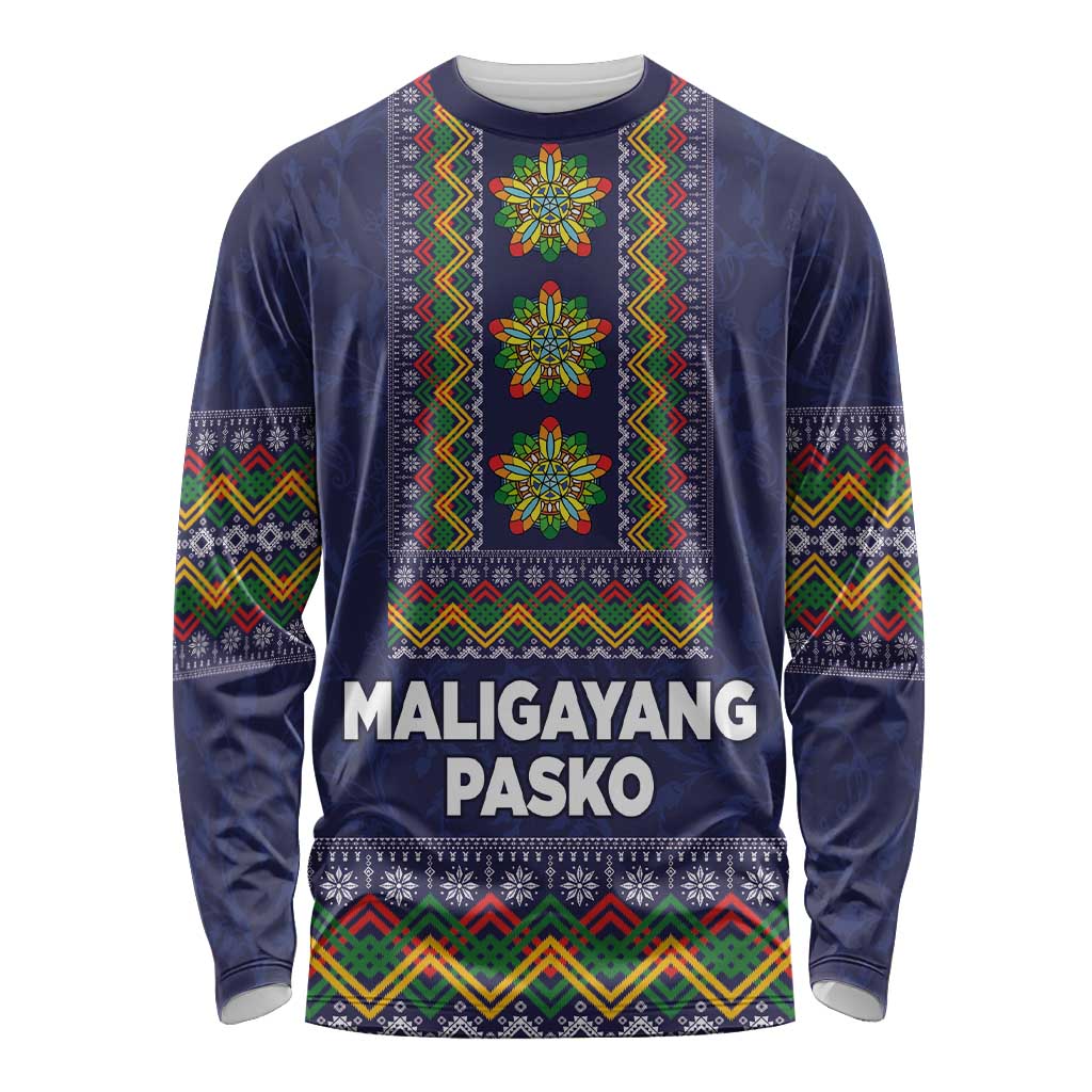 Philippines Merry Christmas Long Sleeve Shirt Maligayang Pasko with Parol and Xmas Pattern Barong Style