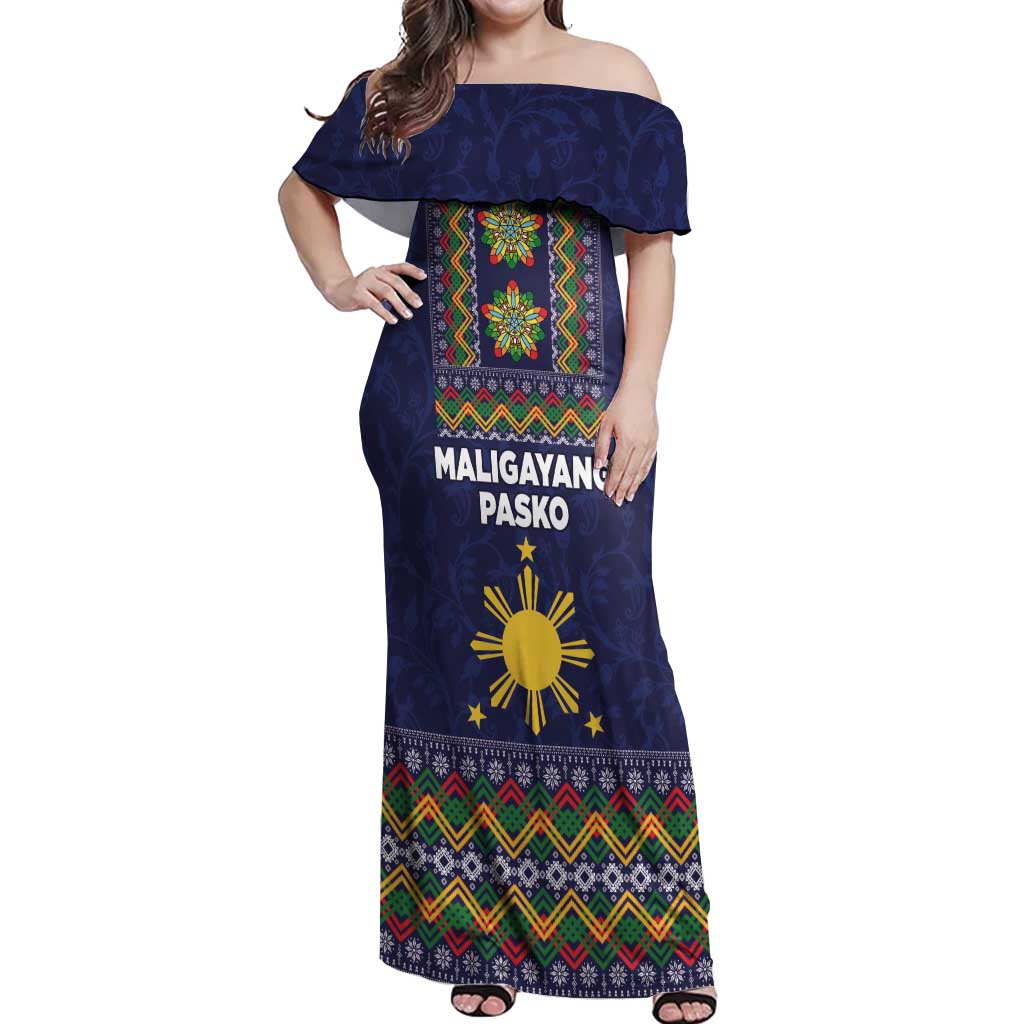 Philippines Merry Christmas Off Shoulder Maxi Dress Maligayang Pasko with Parol and Xmas Pattern Barong Style