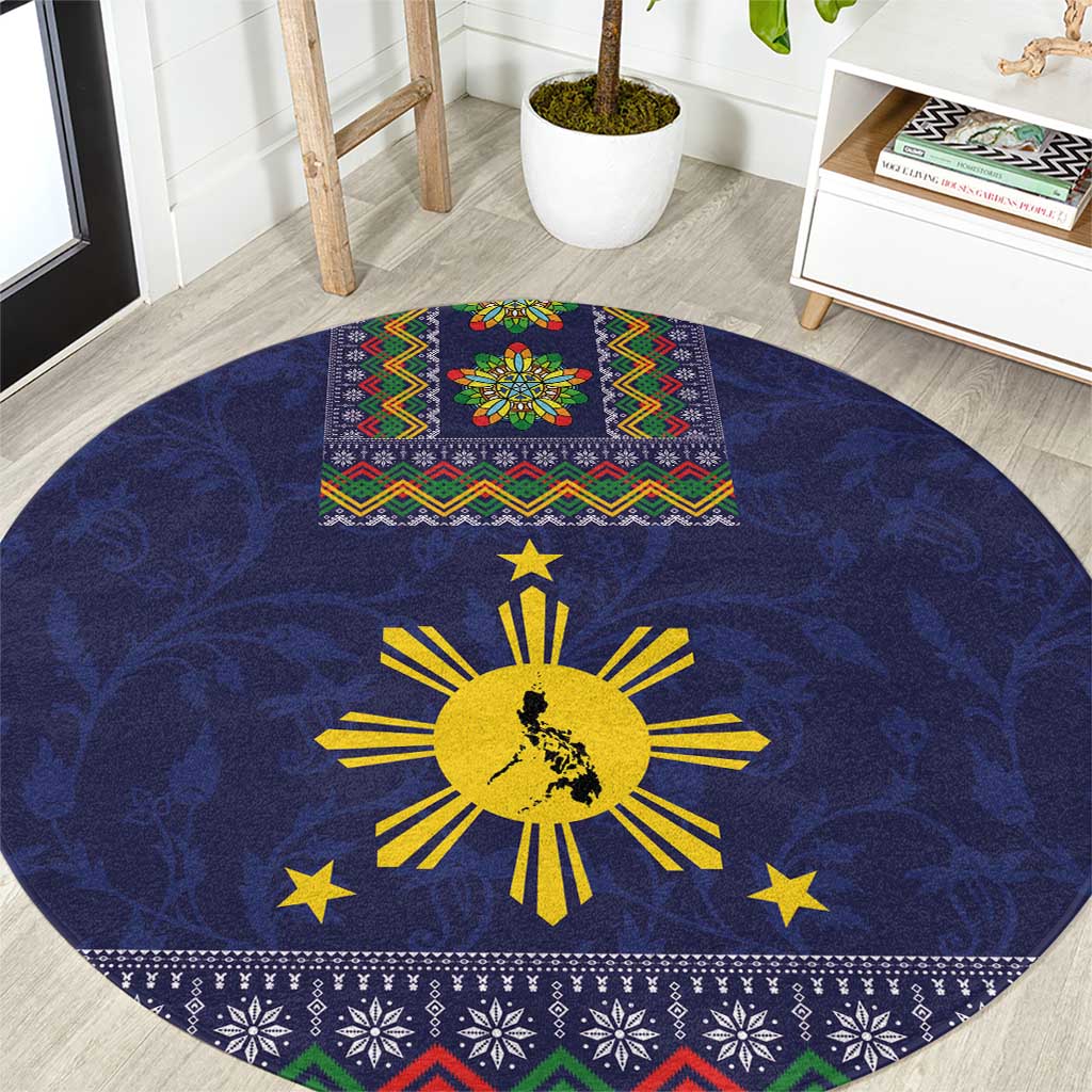 Philippines Merry Christmas Round Carpet Maligayang Pasko with Parol and Xmas Pattern Barong Style