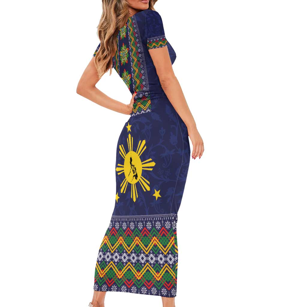 Philippines Merry Christmas Short Sleeve Bodycon Dress Maligayang Pasko with Parol and Xmas Pattern Barong Style