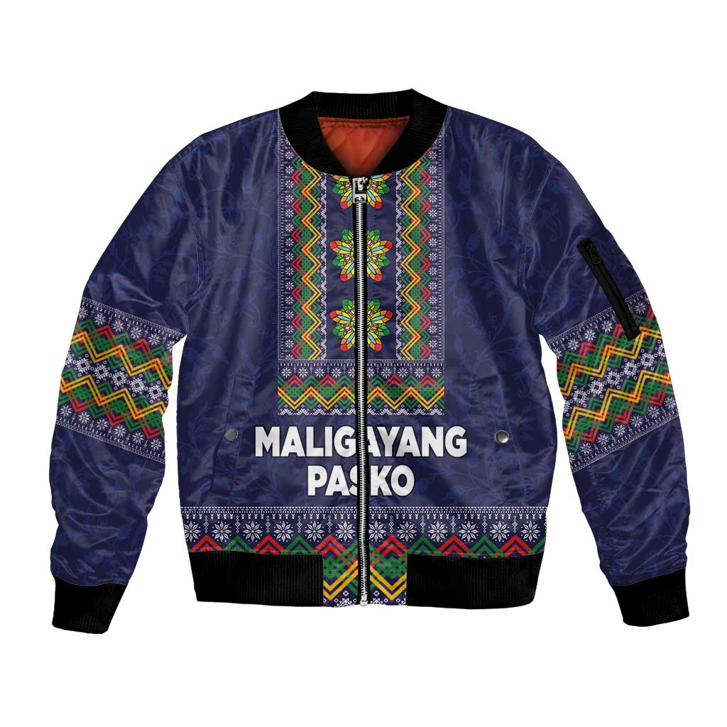 Philippines Merry Christmas Sleeve Zip Bomber Jacket Maligayang Pasko with Parol and Xmas Pattern Barong Style