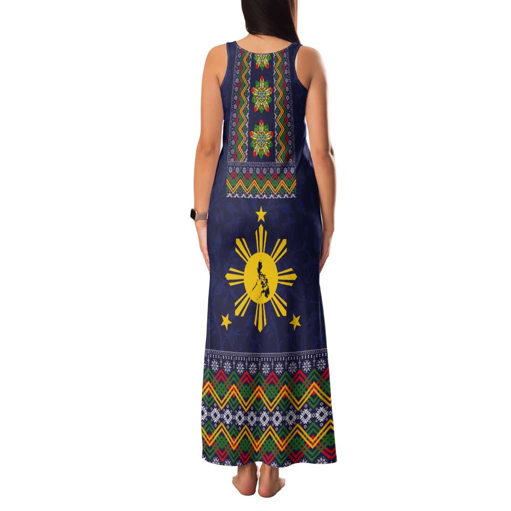 Philippines Merry Christmas Tank Maxi Dress Maligayang Pasko with Parol and Xmas Pattern Barong Style