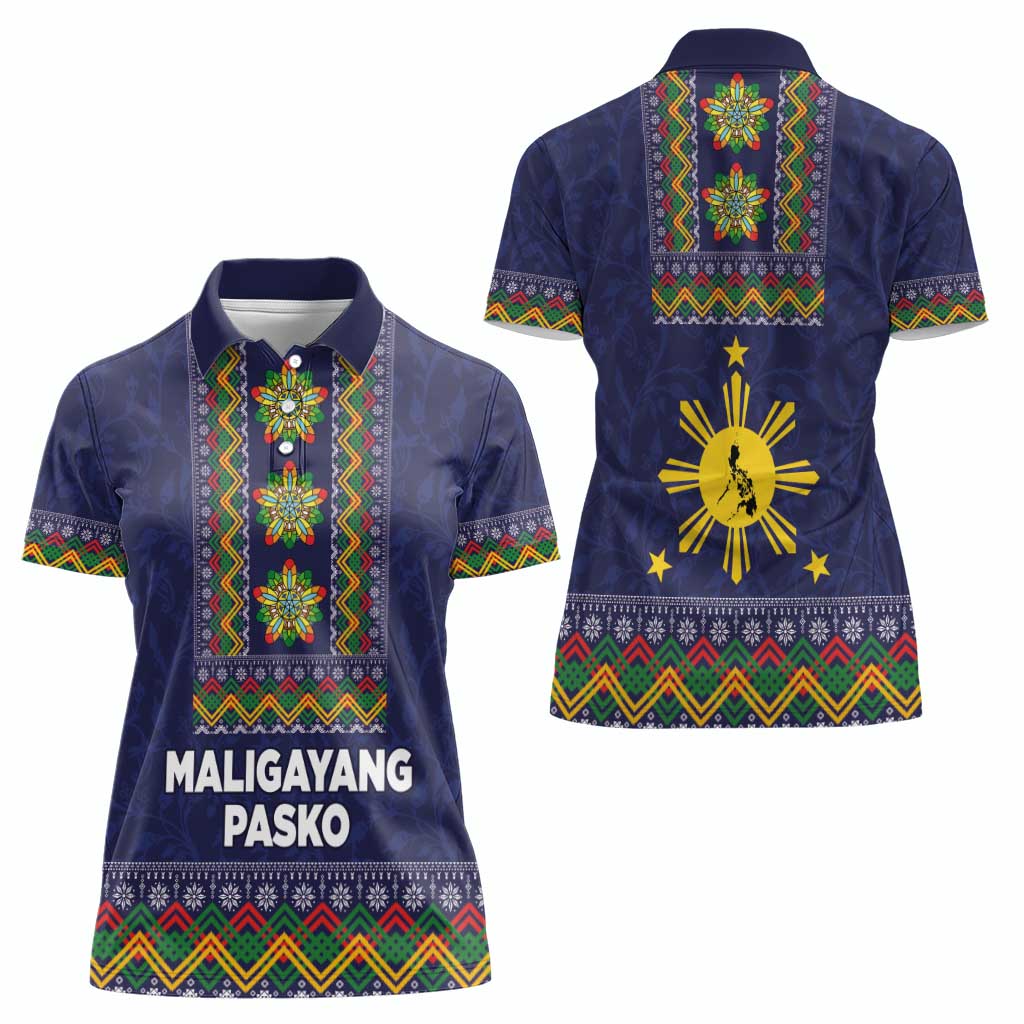 Philippines Merry Christmas Women Polo Shirt Maligayang Pasko with Parol and Xmas Pattern Barong Style