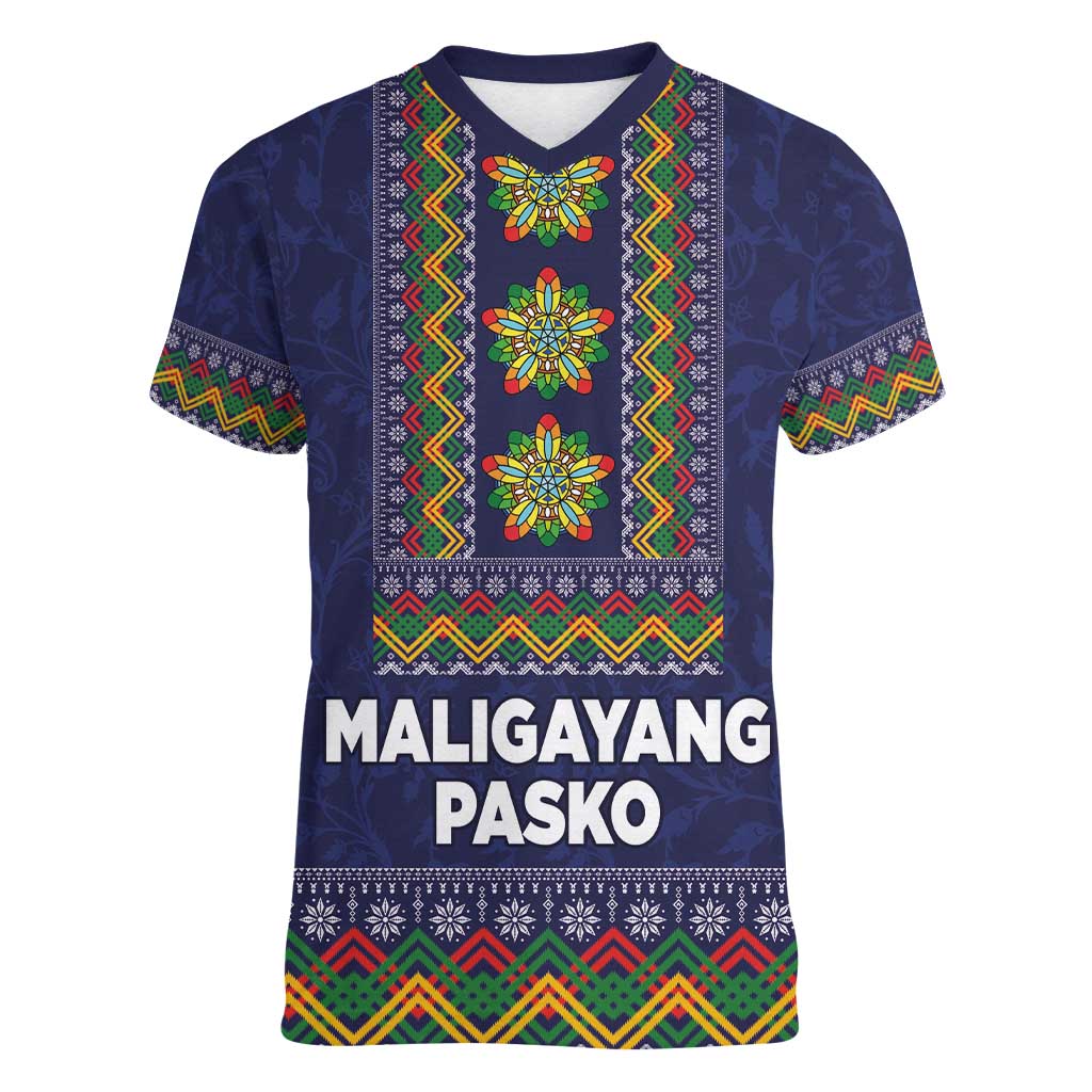 Philippines Merry Christmas Women V-Neck T-Shirt Maligayang Pasko with Parol and Xmas Pattern Barong Style