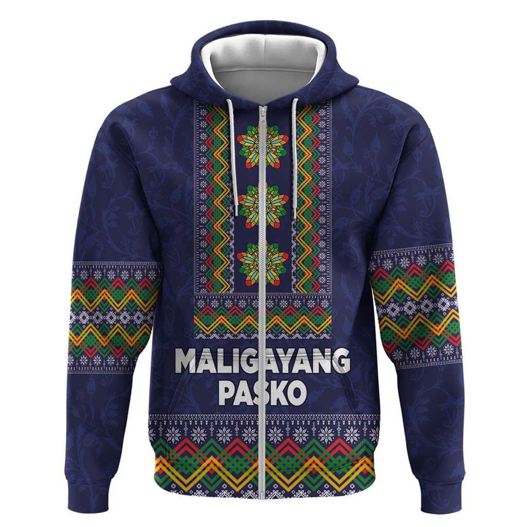 Philippines Merry Christmas Zip Hoodie Maligayang Pasko with Parol and Xmas Pattern Barong Style