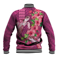 Hawaiian Turtle Love Couple Baseball Jacket - Sweet Hibiscus and Kakau Pattern Rose Color