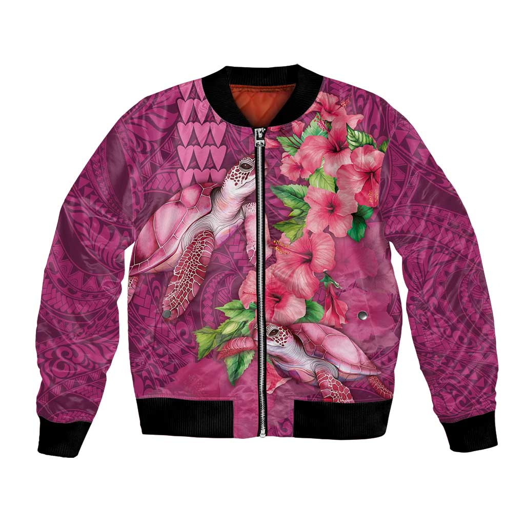 Hawaiian Turtle Love Couple Bomber Jacket - Sweet Hibiscus and Kakau Pattern Rose Color LT03 Unisex Pink - Polynesian Pride