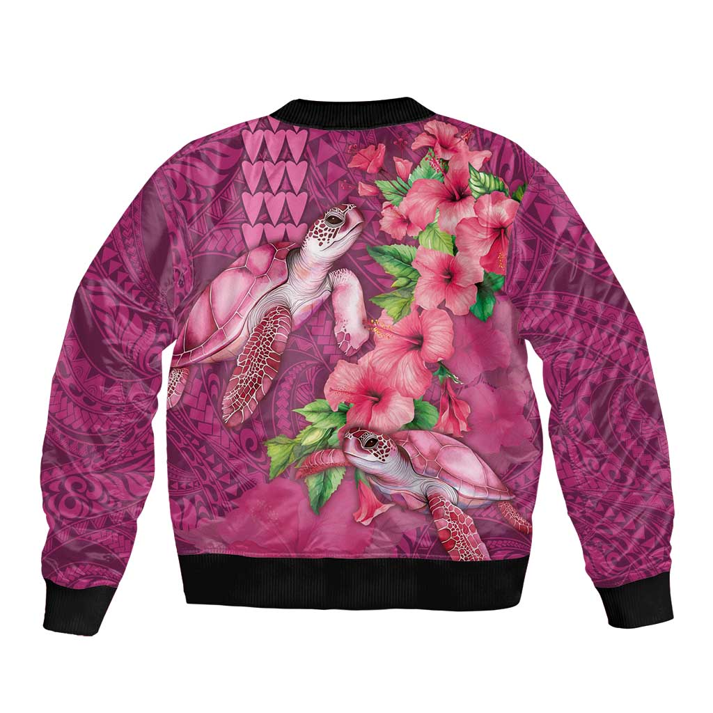 Hawaiian Turtle Love Couple Bomber Jacket - Sweet Hibiscus and Kakau Pattern Rose Color LT03 - Polynesian Pride
