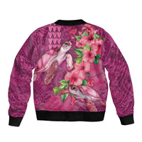 Hawaiian Turtle Love Couple Bomber Jacket - Sweet Hibiscus and Kakau Pattern Rose Color LT03 - Polynesian Pride