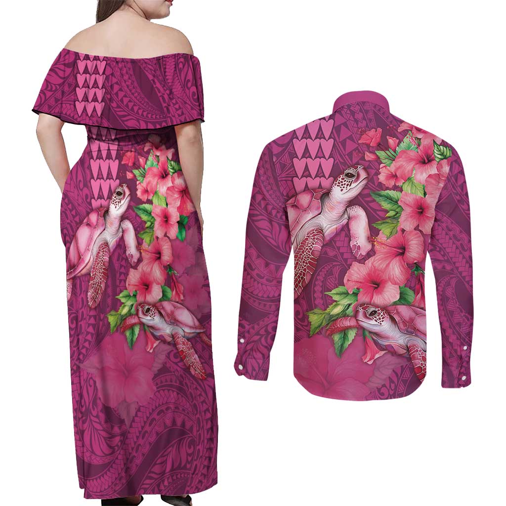 Hawaiian Turtle Love Couple Couples Matching Off Shoulder Maxi Dress and Long Sleeve Button Shirt - Sweet Hibiscus and Kakau Pattern Rose Color