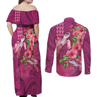 Hawaiian Turtle Love Couple Couples Matching Off Shoulder Maxi Dress and Long Sleeve Button Shirt - Sweet Hibiscus and Kakau Pattern Rose Color