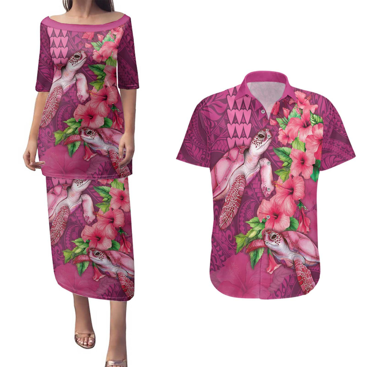 Hawaiian Turtle Love Couple Couples Matching Puletasi and Hawaiian Shirt - Sweet Hibiscus and Kakau Pattern Rose Color