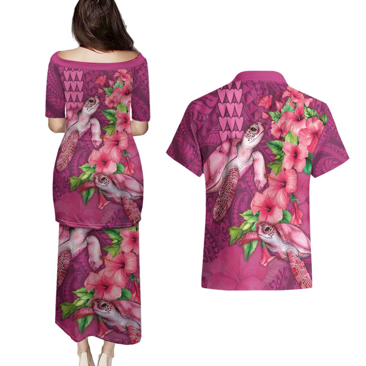 Hawaiian Turtle Love Couple Couples Matching Puletasi and Hawaiian Shirt - Sweet Hibiscus and Kakau Pattern Rose Color