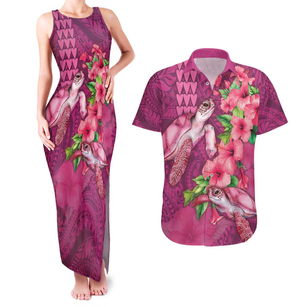 Hawaiian Turtle Love Couple Couples Matching Tank Maxi Dress and Hawaiian Shirt - Sweet Hibiscus and Kakau Pattern Rose Color