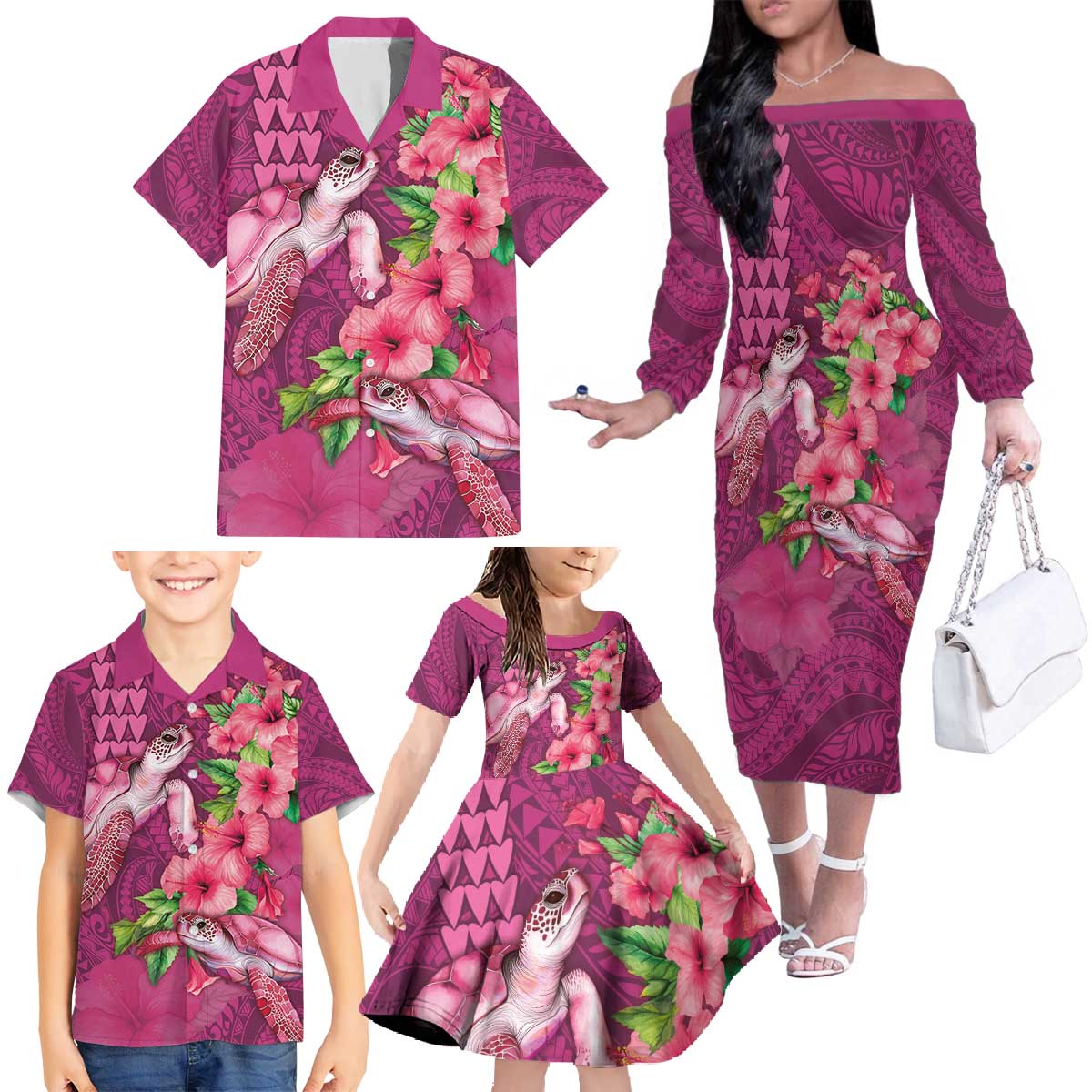 Hawaiian Turtle Love Couple Family Matching Off The Shoulder Long Sleeve Dress and Hawaiian Shirt - Sweet Hibiscus and Kakau Pattern Rose Color