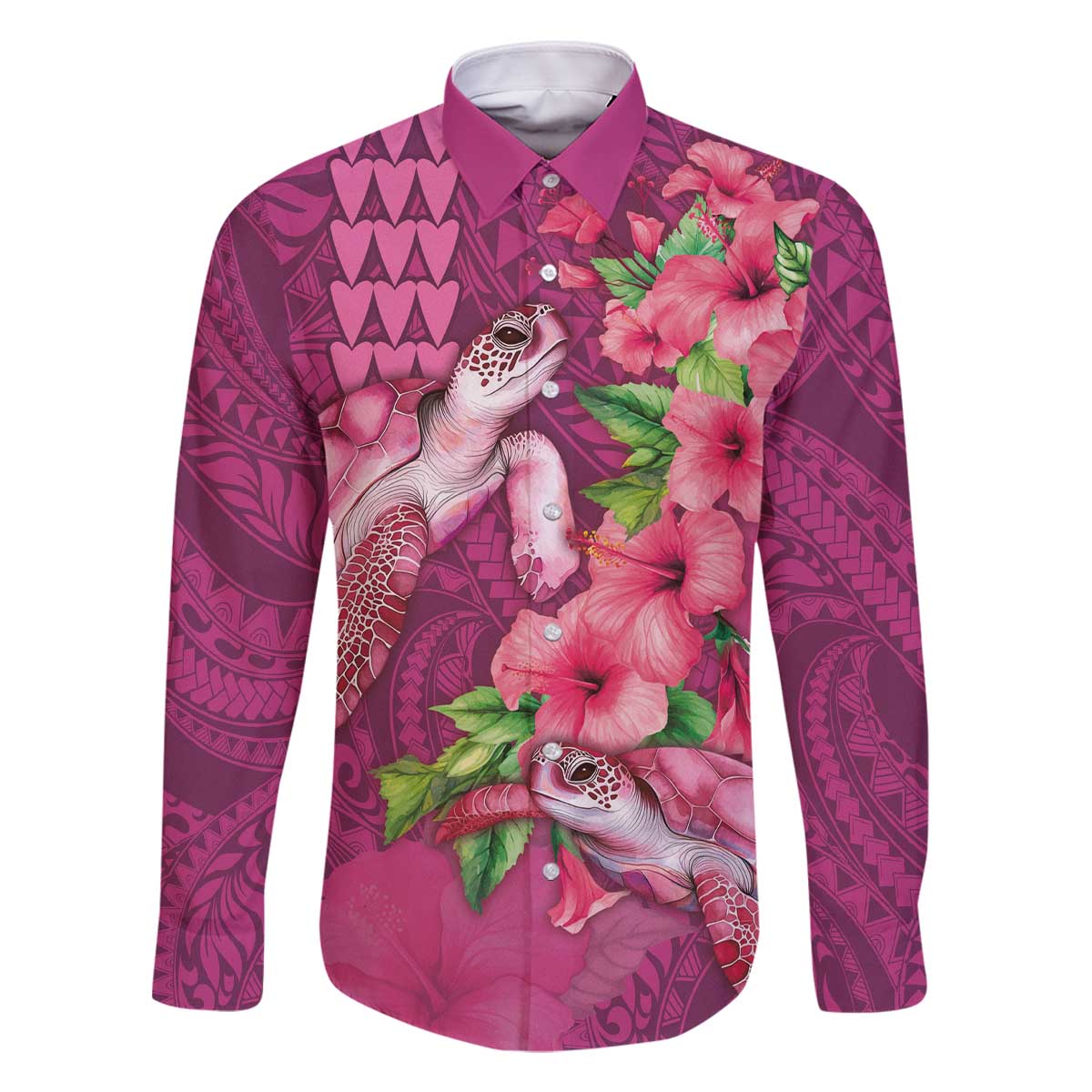Hawaiian Turtle Love Couple Family Matching Off The Shoulder Long Sleeve Dress and Hawaiian Shirt - Sweet Hibiscus and Kakau Pattern Rose Color