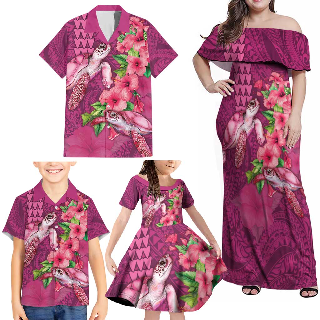 Hawaiian Turtle Love Couple Family Matching Off Shoulder Maxi Dress and Hawaiian Shirt - Sweet Hibiscus and Kakau Pattern Rose Color