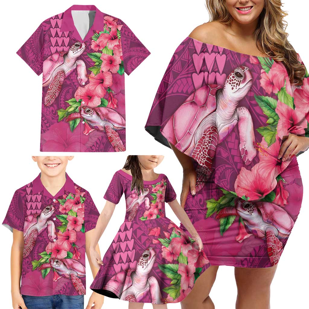 Hawaiian Turtle Love Couple Family Matching Off Shoulder Short Dress and Hawaiian Shirt - Sweet Hibiscus and Kakau Pattern Rose Color