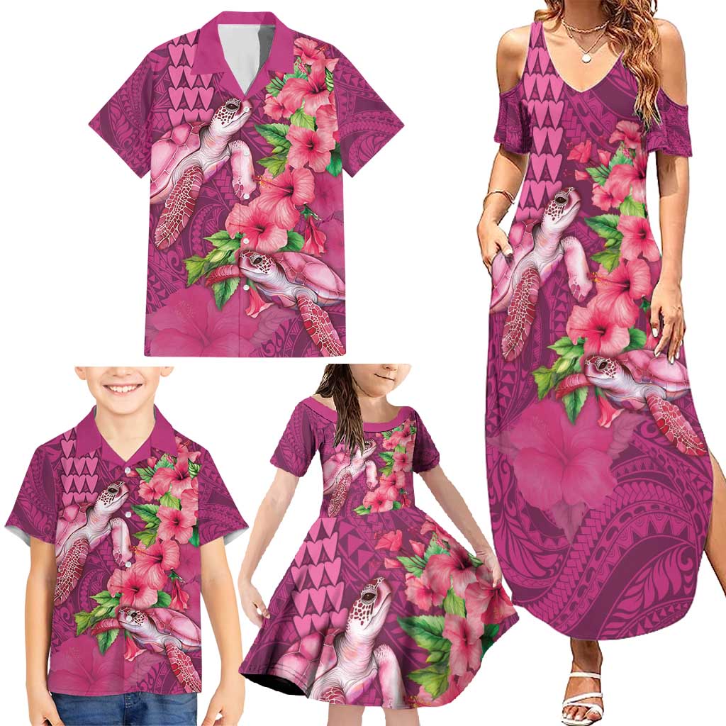 Hawaiian Turtle Love Couple Family Matching Summer Maxi Dress and Hawaiian Shirt - Sweet Hibiscus and Kakau Pattern Rose Color