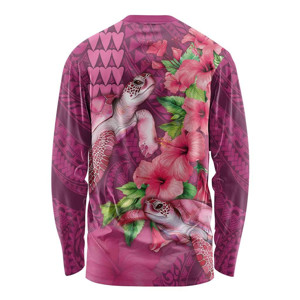 Hawaiian Turtle Love Couple Long Sleeve Shirt - Sweet Hibiscus and Kakau Pattern Rose Color