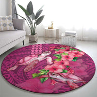 Hawaiian Turtle Love Couple Round Carpet - Sweet Hibiscus and Kakau Pattern Rose Color