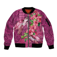 Hawaiian Turtle Love Couple Sleeve Zip Bomber Jacket - Sweet Hibiscus and Kakau Pattern Rose Color LT03 Unisex Pink - Polynesian Pride