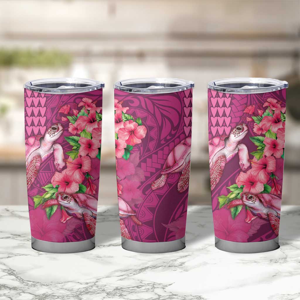 Hawaiian Turtle Love Couple Tumbler Cup Sweet Hibiscus and Kakau Pattern Rose Color