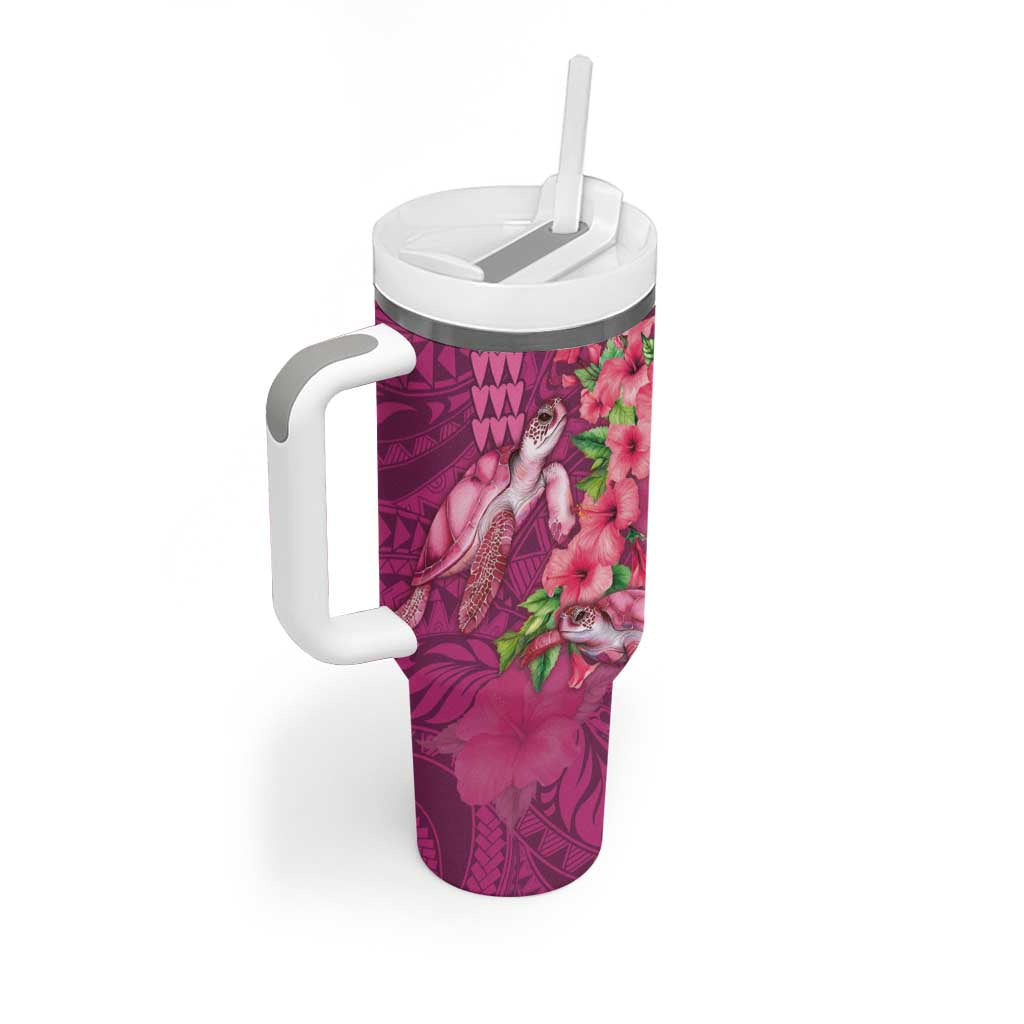 Hawaiian Turtle Love Couple Tumbler With Handle Sweet Hibiscus and Kakau Pattern Rose Color