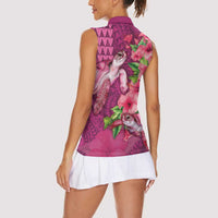Hawaiian Turtle Love Couple Women Sleeveless Polo Shirt - Sweet Hibiscus and Kakau Pattern Rose Color
