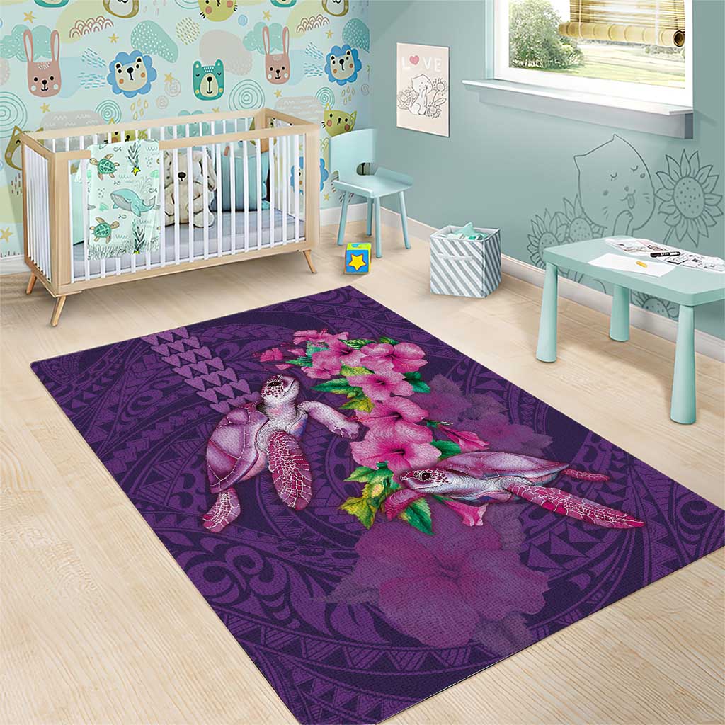 Hawaiian Turtle Love Couple Area Rug - Sweet Hibiscus and Kakau Pattern Deep Purple Color