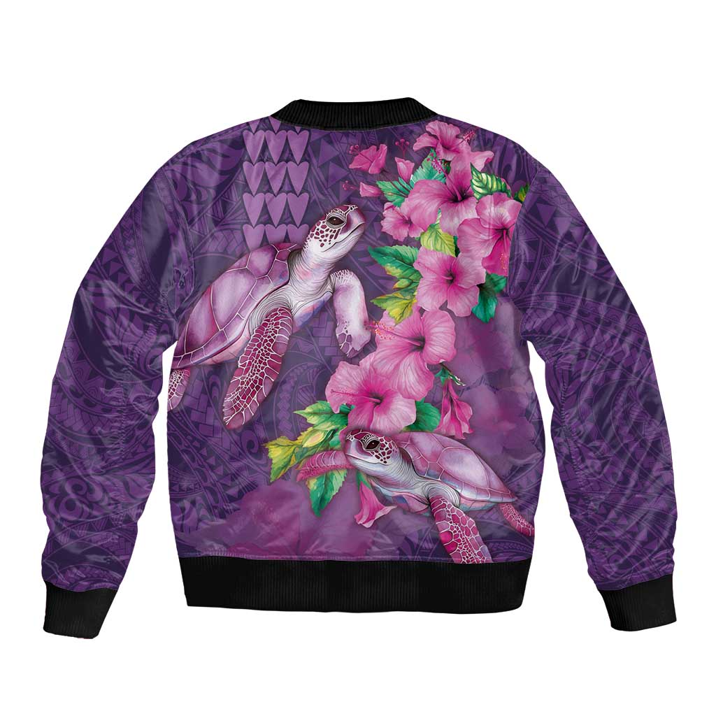 Hawaiian Turtle Love Couple Bomber Jacket - Sweet Hibiscus and Kakau Pattern Deep Purple Color LT03 - Polynesian Pride