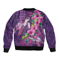 Hawaiian Turtle Love Couple Bomber Jacket - Sweet Hibiscus and Kakau Pattern Deep Purple Color LT03 - Polynesian Pride