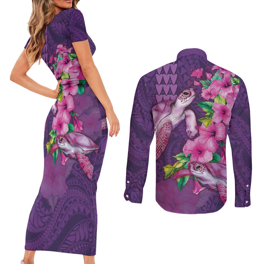 Hawaiian Turtle Love Couple Couples Matching Short Sleeve Bodycon Dress and Long Sleeve Button Shirt - Sweet Hibiscus and Kakau Pattern Deep Purple Color