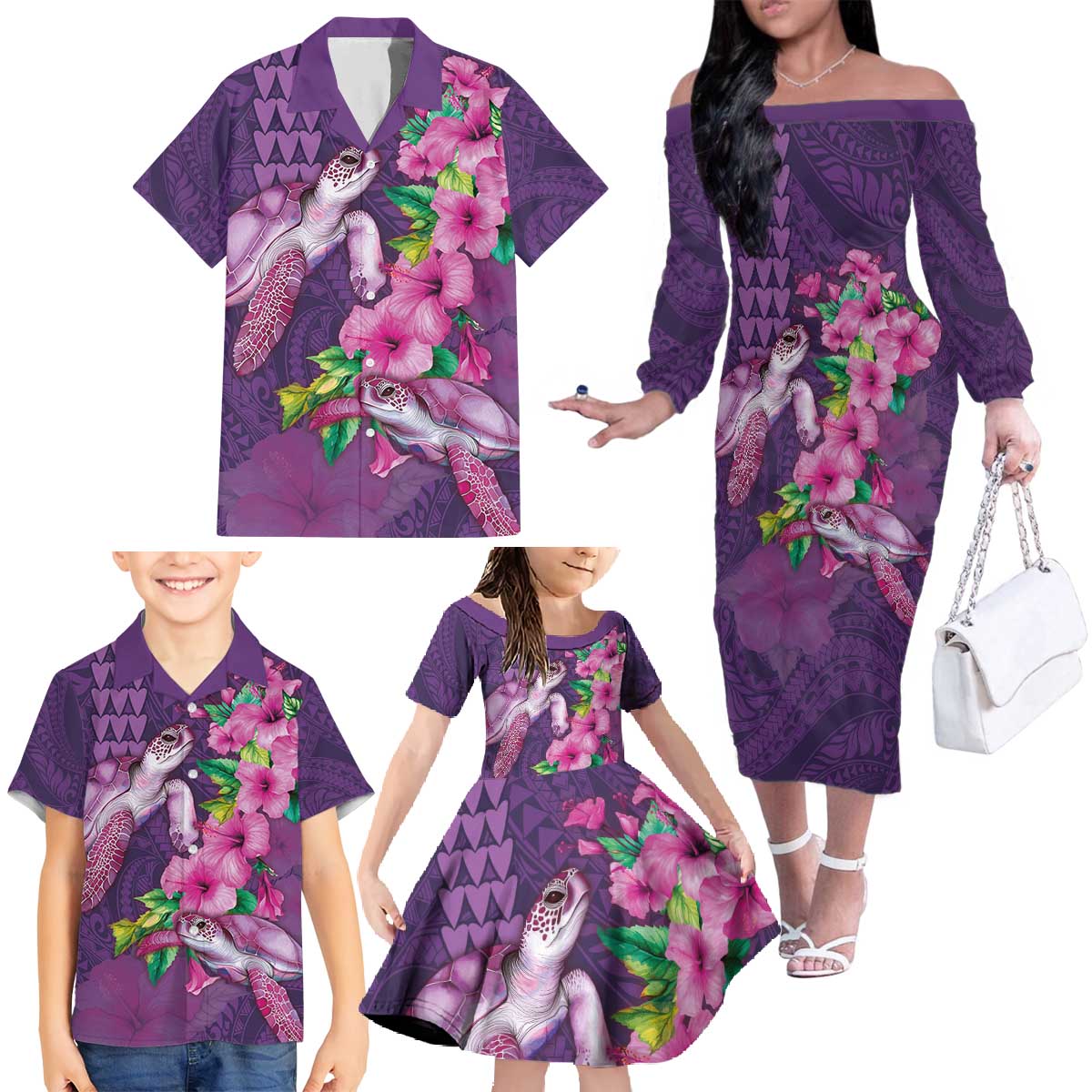 Hawaiian Turtle Love Couple Family Matching Off The Shoulder Long Sleeve Dress and Hawaiian Shirt - Sweet Hibiscus and Kakau Pattern Deep Purple Color