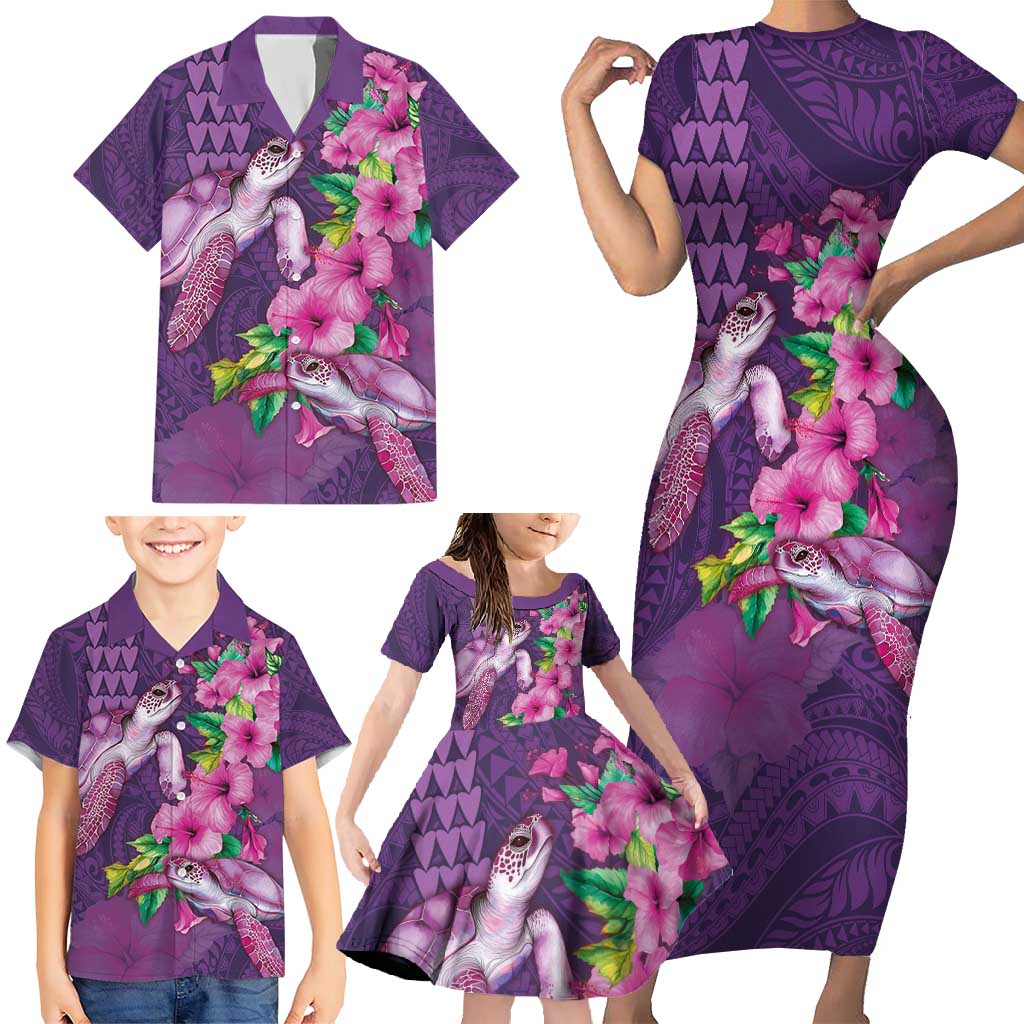 Hawaiian Turtle Love Couple Family Matching Short Sleeve Bodycon Dress and Hawaiian Shirt - Sweet Hibiscus and Kakau Pattern Deep Purple Color