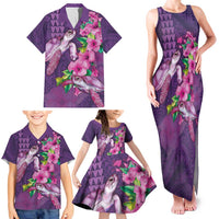 Hawaiian Turtle Love Couple Family Matching Tank Maxi Dress and Hawaiian Shirt - Sweet Hibiscus and Kakau Pattern Deep Purple Color