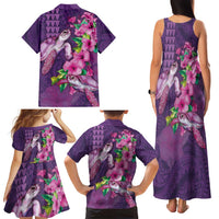 Hawaiian Turtle Love Couple Family Matching Tank Maxi Dress and Hawaiian Shirt - Sweet Hibiscus and Kakau Pattern Deep Purple Color