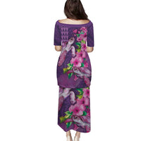 Hawaiian Turtle Love Couple Puletasi - Sweet Hibiscus and Kakau Pattern Deep Purple Color