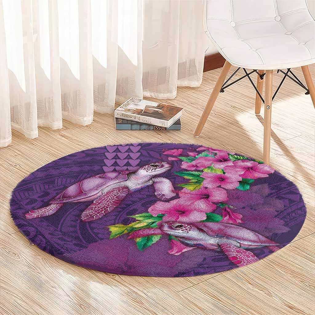 Hawaiian Turtle Love Couple Round Carpet - Sweet Hibiscus and Kakau Pattern Deep Purple Color