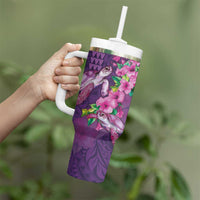Hawaiian Turtle Love Couple Tumbler With Handle Sweet Hibiscus and Kakau Pattern Deep Purple Color