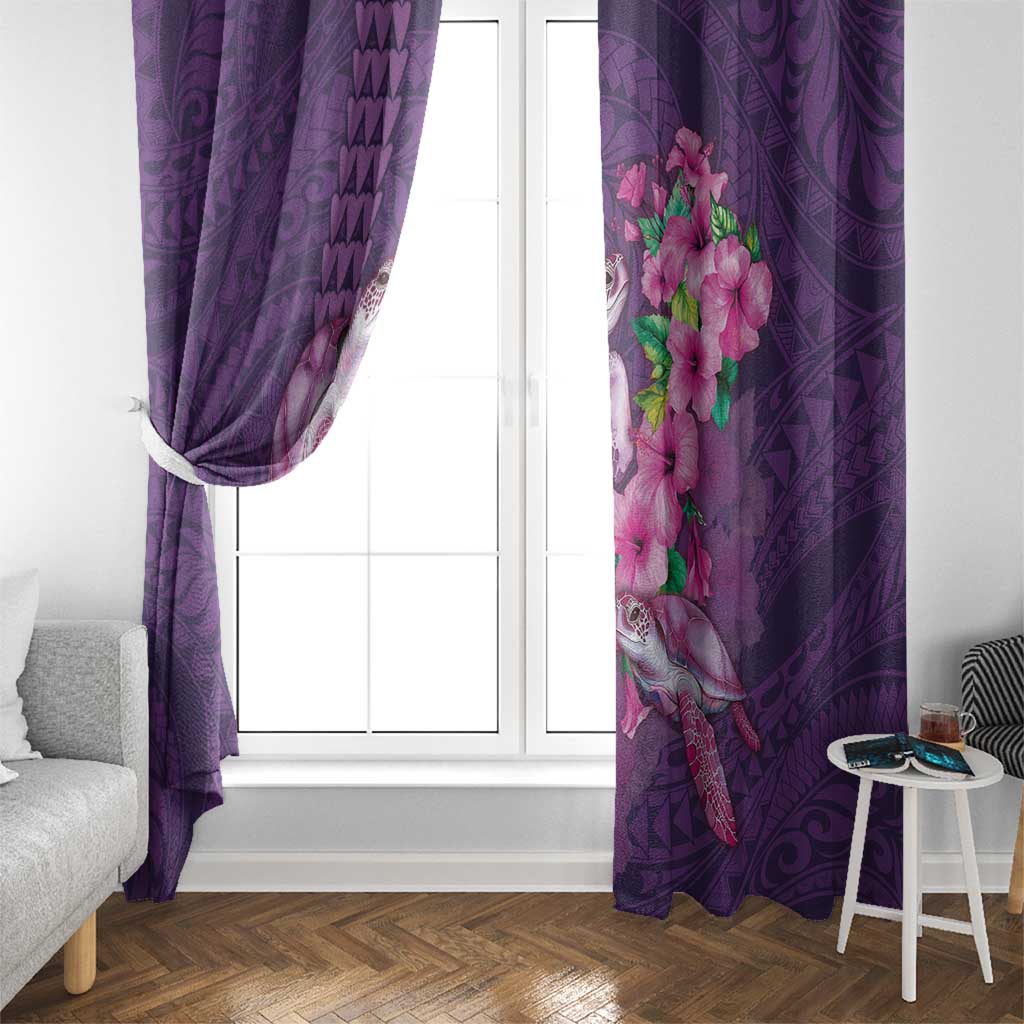 Hawaiian Turtle Love Couple Window Curtain - Sweet Hibiscus and Kakau Pattern Deep Purple Color