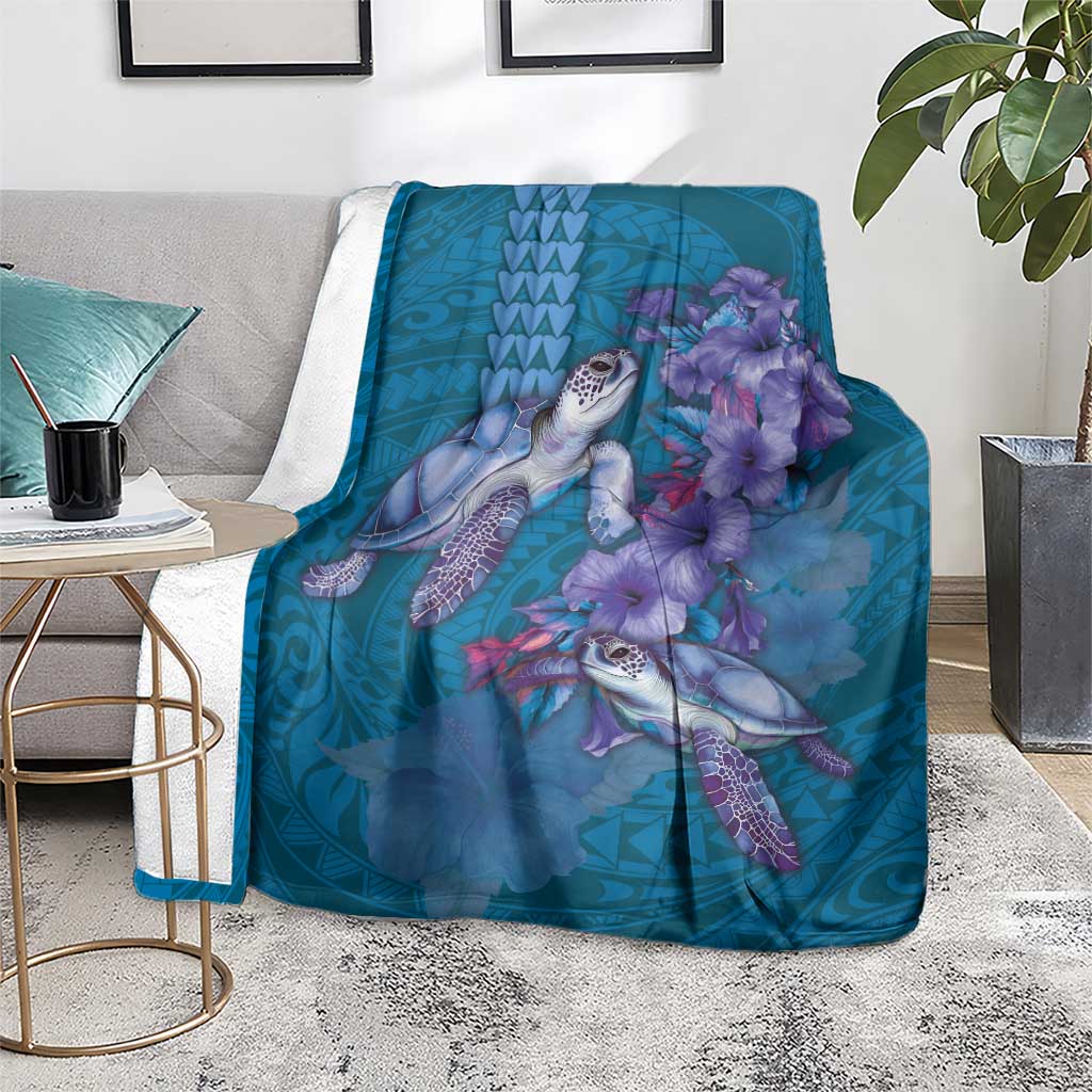 Hawaiian Turtle Love Couple Blanket - Sweet Hibiscus and Kakau Pattern Sapphire Color