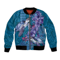Hawaiian Turtle Love Couple Bomber Jacket - Sweet Hibiscus and Kakau Pattern Sapphire Color LT03 Unisex Blue - Polynesian Pride