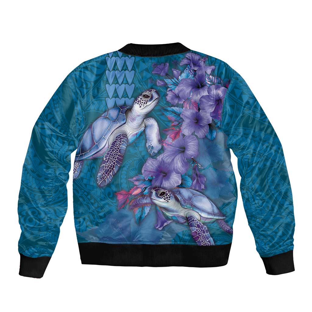 Hawaiian Turtle Love Couple Bomber Jacket - Sweet Hibiscus and Kakau Pattern Sapphire Color LT03 - Polynesian Pride