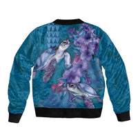 Hawaiian Turtle Love Couple Bomber Jacket - Sweet Hibiscus and Kakau Pattern Sapphire Color LT03 - Polynesian Pride