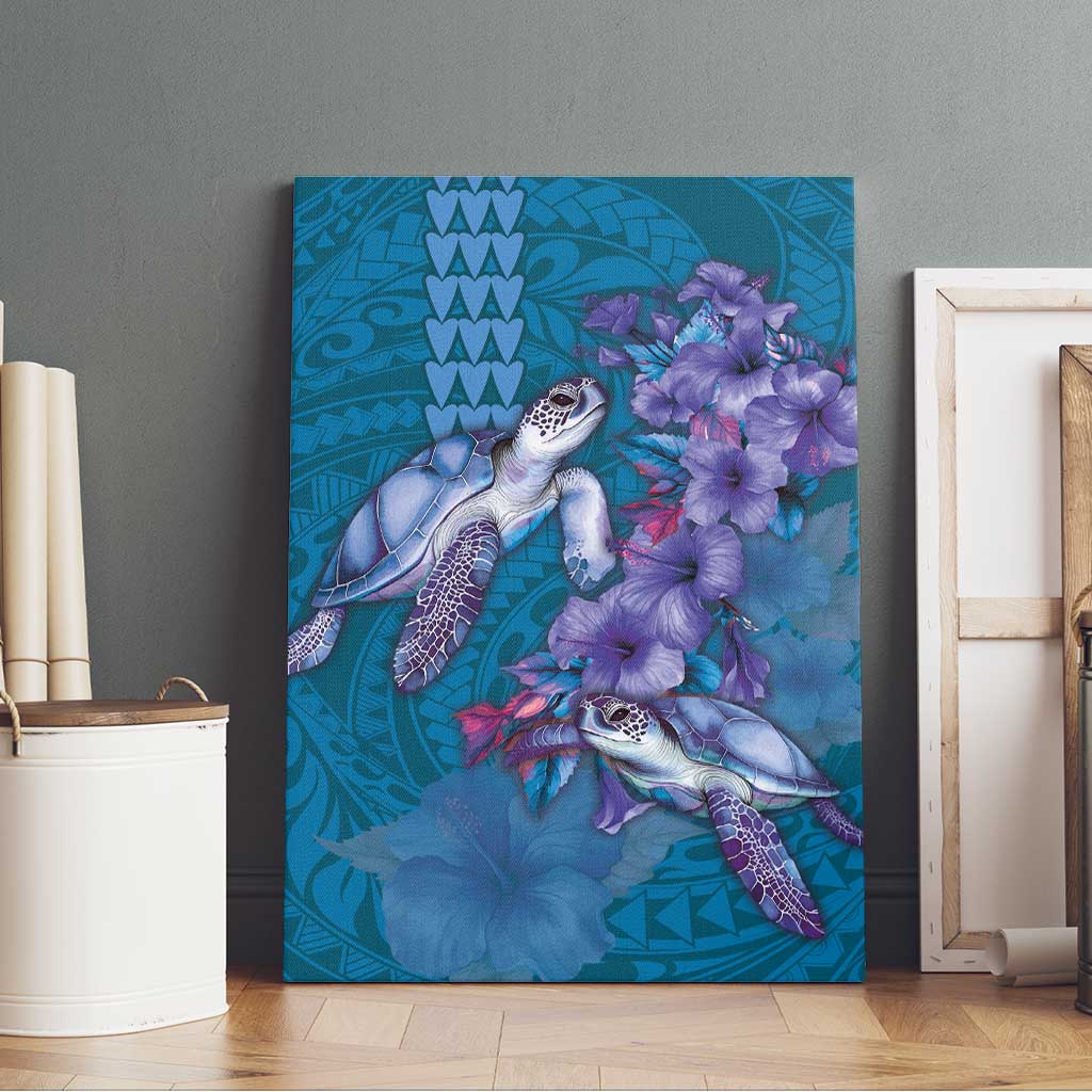 Hawaiian Turtle Love Couple Canvas Wall Art - Sweet Hibiscus and Kakau Pattern Sapphire Color