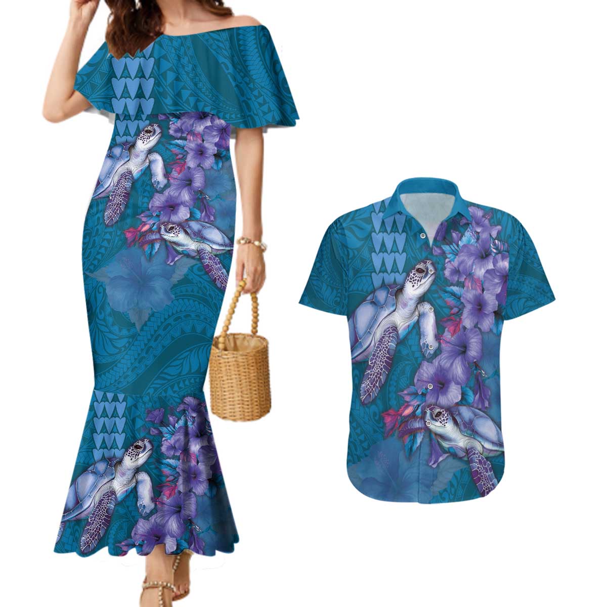 Hawaiian Turtle Love Couple Couples Matching Mermaid Dress and Hawaiian Shirt - Sweet Hibiscus and Kakau Pattern Sapphire Color